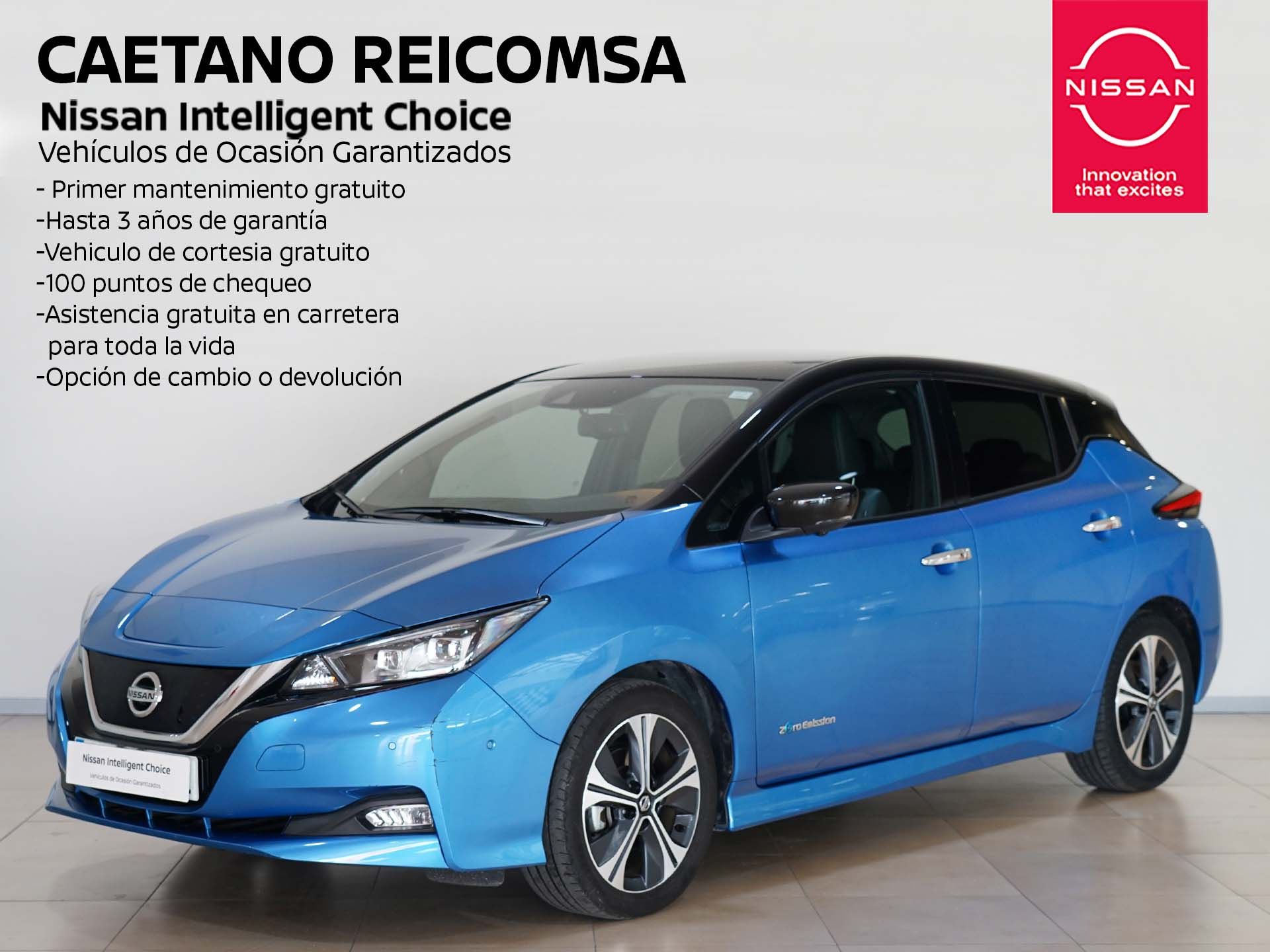 Nissan 40kWh Tekna 2019 25865 Azul Vivid y techo negro Segunda Mano Málaga